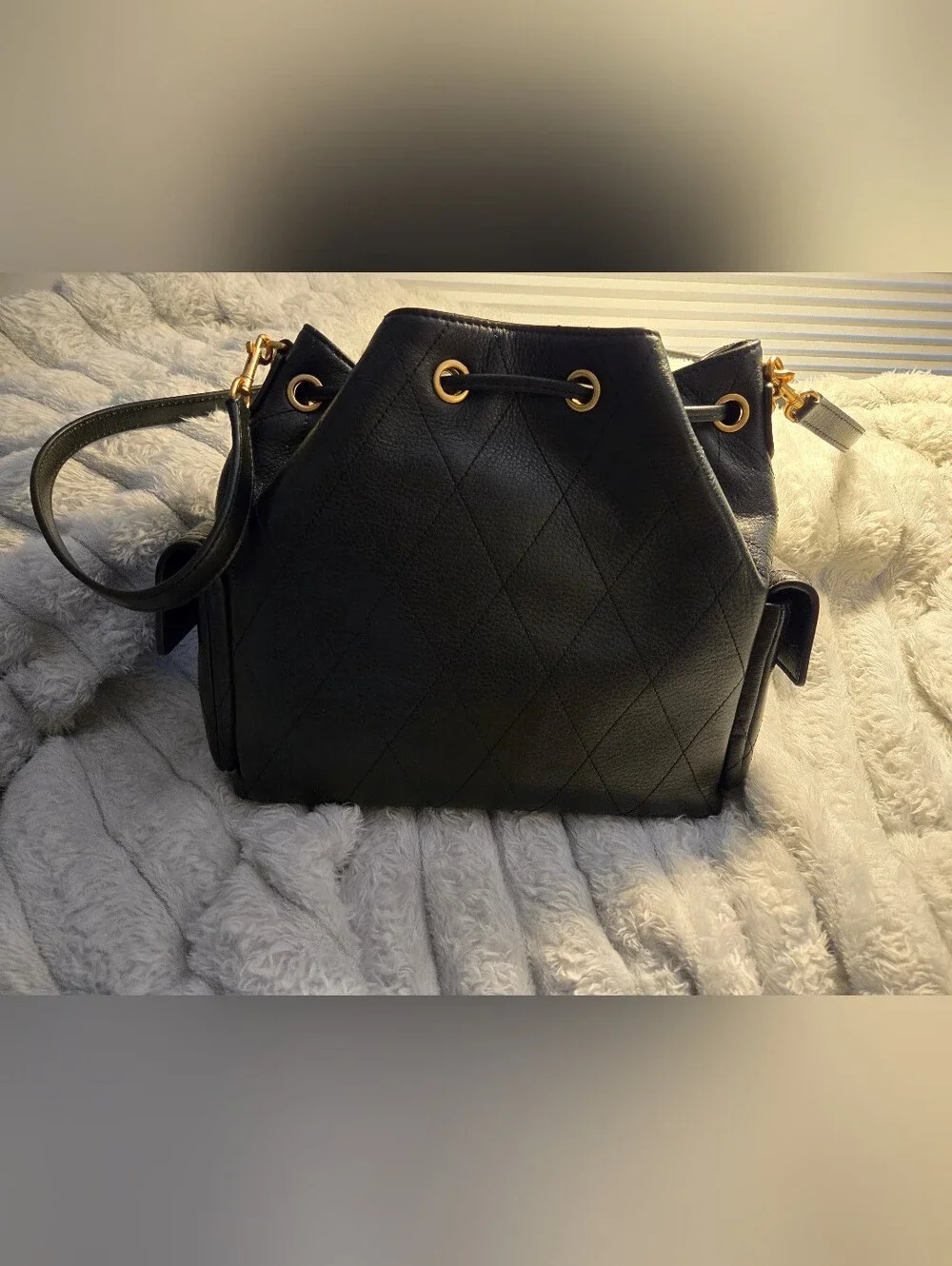 Tory Burch Charlie Black Quilted Leather Drawstring Bucket with Gold Chain